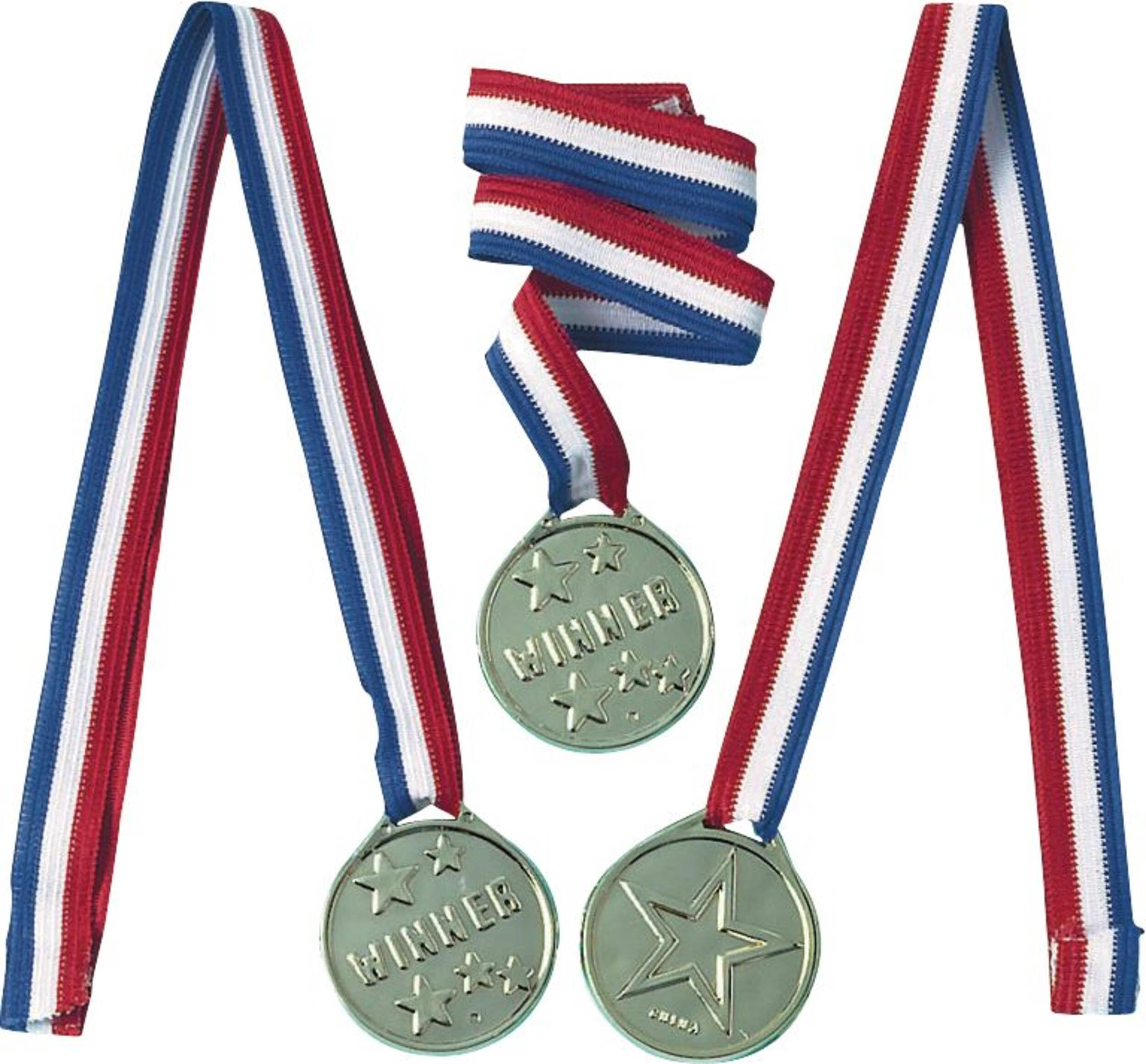 "Winner" Award Medals, Gold/Red/Blue, 24-in, 12-pk, Wearable Accessory Favours for Sports/Halloween Composite_or_Mixed