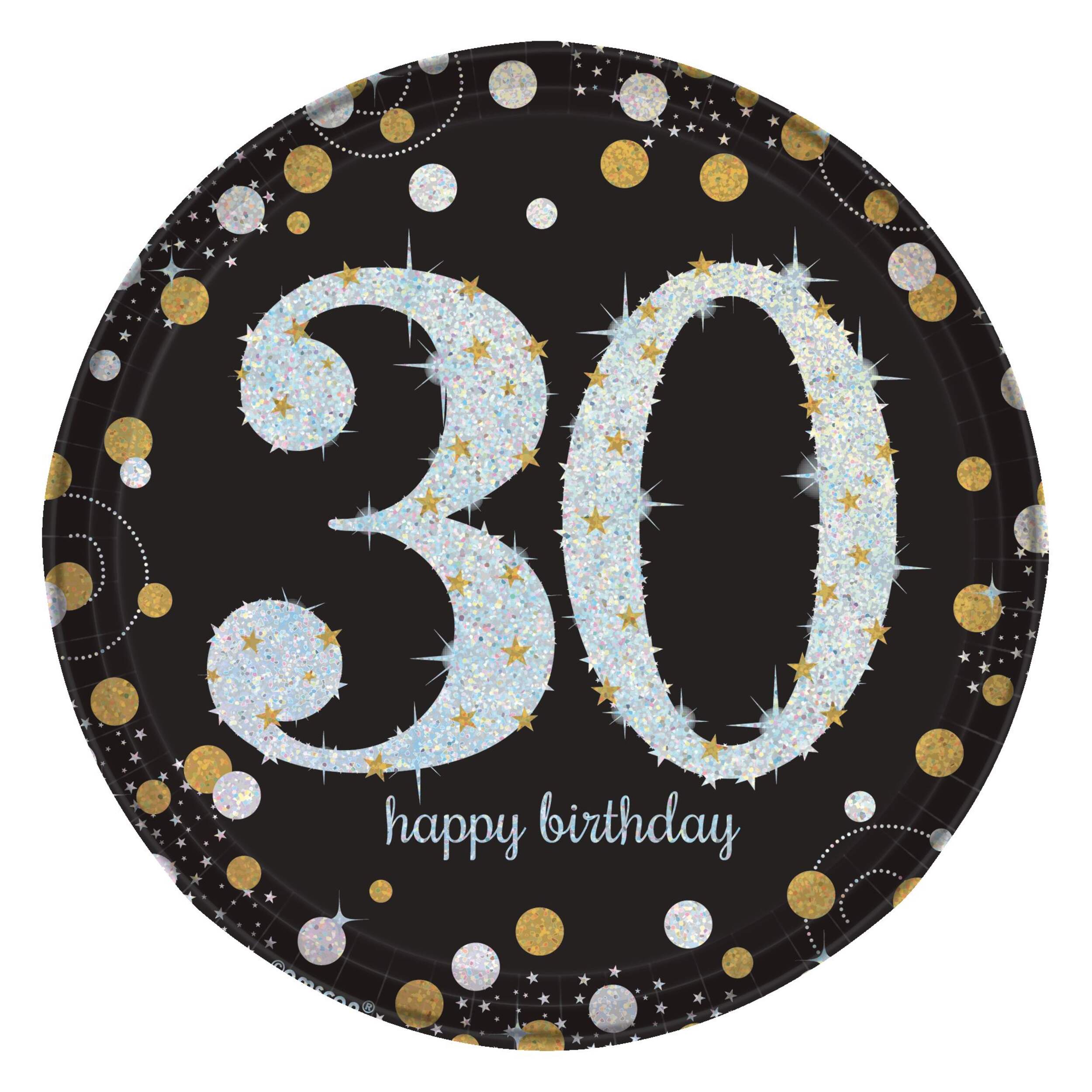 Assiettes à dessert en papier étape 30e&nbsp;anniversaire, noir/argenté/doré, paq. 8 Overhead_Flat