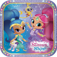 Nickelodeon Shimmer and Shine Square Paper Disposable Dessert Plates, Blue/Pink, 7-in, 8-pk, for Birthday Party Overhead_Flat