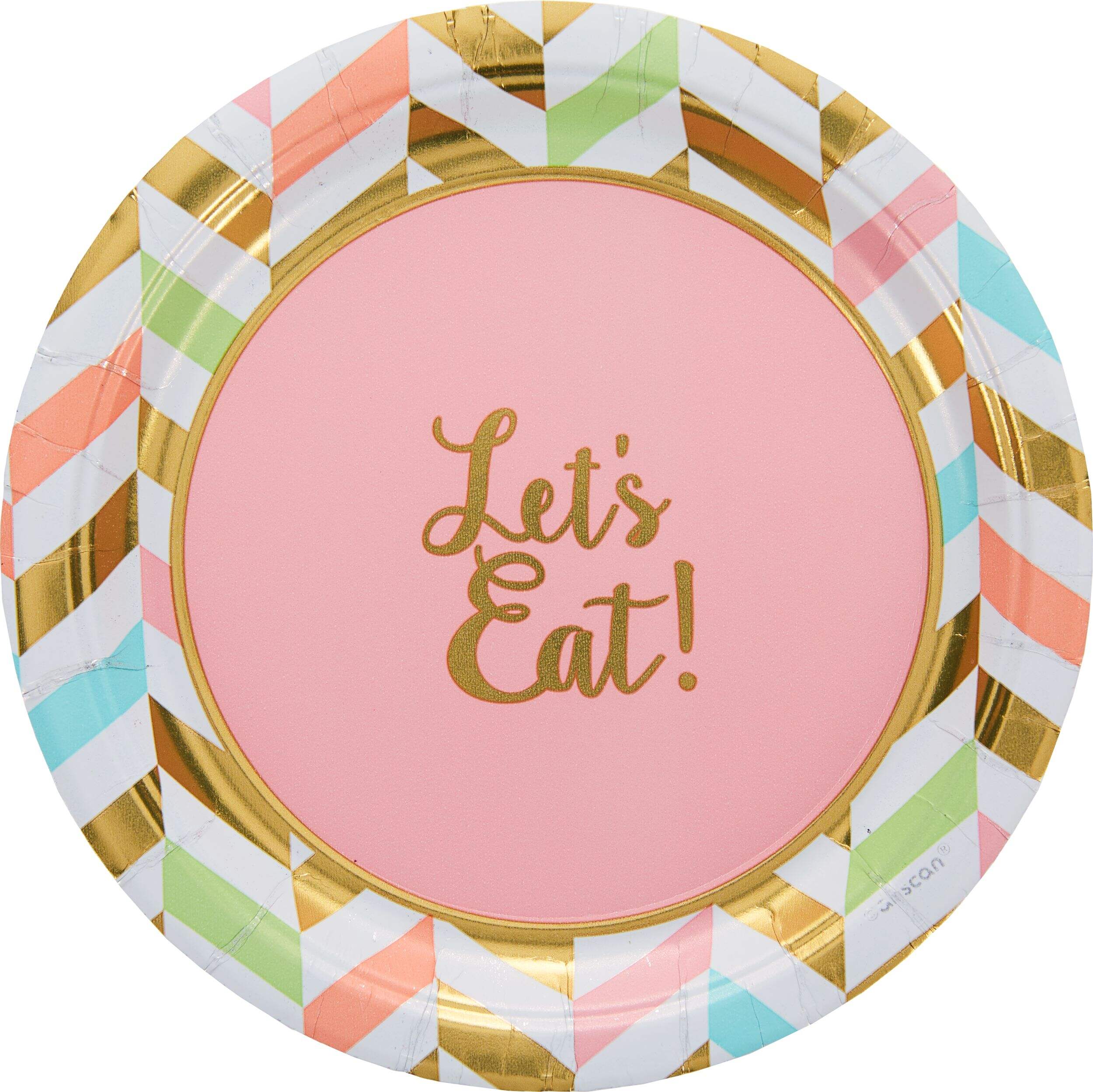 "Let's Eat" Herringbone Dessert Plates for Birthday/Bridal Shower/Engagement Party, Pastel/Gold, 8-pk Overhead_Flat