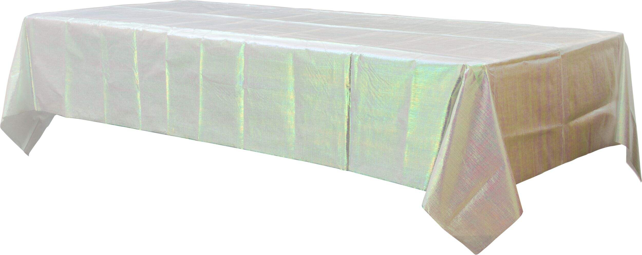 Rectangle Plastic Reusable Table Cover, Opalescent White,54x102-in, for Bachelorette/Bridal Shower/Mother's Day/Baby Shower Front_Angled_Left
