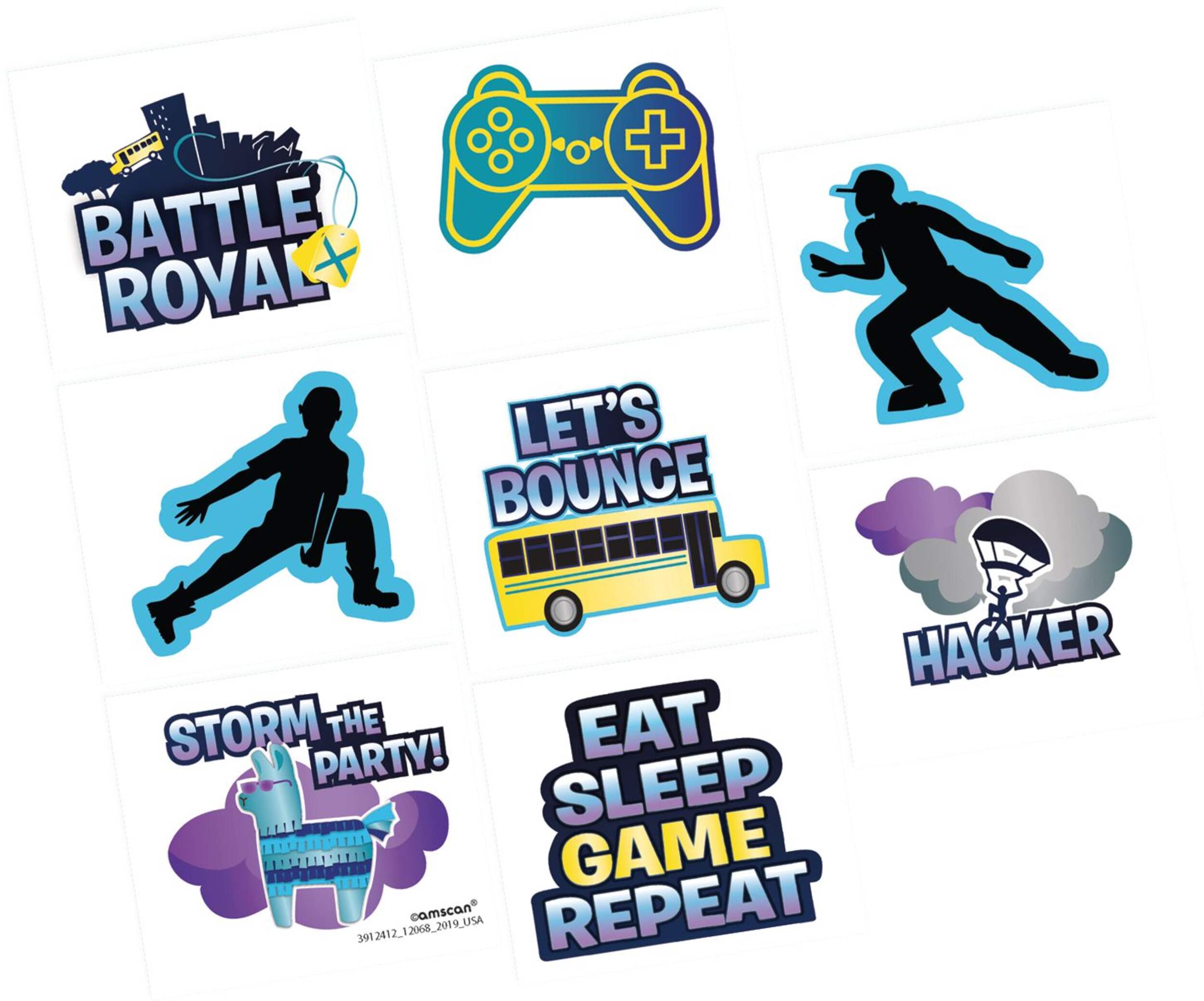 Tatouages temporaires variés Battle Royal, bleu/violet, paq. 8, cadeaux-surprises à porter pour anniversaires Overhead_Flat