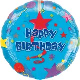 "Happy Birthday" Round Satin Foil Balloon, Blue, Confetti, 32-in, Helium Inflation & Ribbon Included for Birthday Party Front_Flat