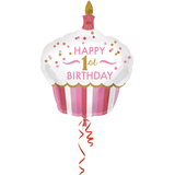 Ballon en aluminium satiné petit gâteau Happy 1st Birthday, rose/blanc, 36 po, gonflement à l'hélium et ruban inclus, pour fête d'anniversaire Front_Flat
