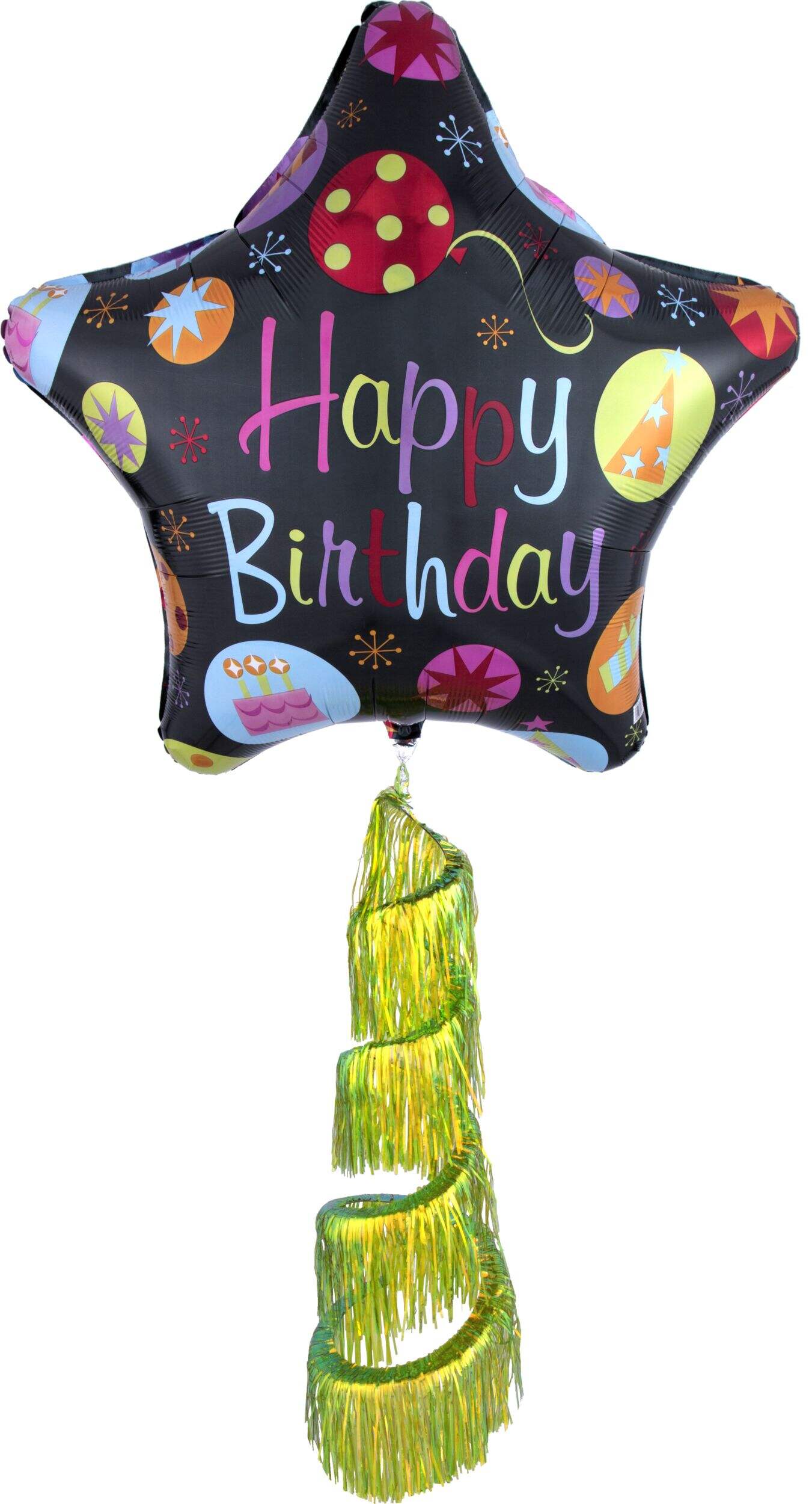 Ballon en aluminium satiné étoile Happy Birthday avec queue à franges, noir/multicolore, 31 po, gonflement à l'hélium et ruban inclus, pour fête d'anniversaire Front_Flat