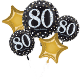 Sparkling Celebration "Happy 80th Birthday"Star  Satin Foil Balloon Bouquet, Black/Gold, 5-pk, Helium Inflation & Ribbon Included for Birthday Party Front_Flat