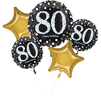 Sparkling Celebration "Happy 80th Birthday"Star  Satin Foil Balloon Bouquet, Black/Gold, 5-pk, Helium Inflation & Ribbon Included for Birthday Party