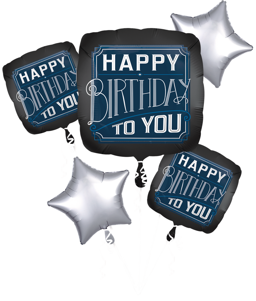 Vintage Happy Birthday Foil Balloon Bouquet Helium Inflation Included Blacksilverblue 5 Pc 8468