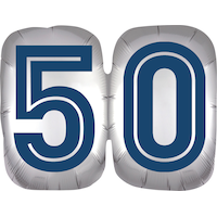 Ballon en aluminium satiné rond anniversaire rétro 50, argent/bleu, 25 po, gonflement à l'hélium et ruban inclus, pour fête d'anniversaire Front_Flat