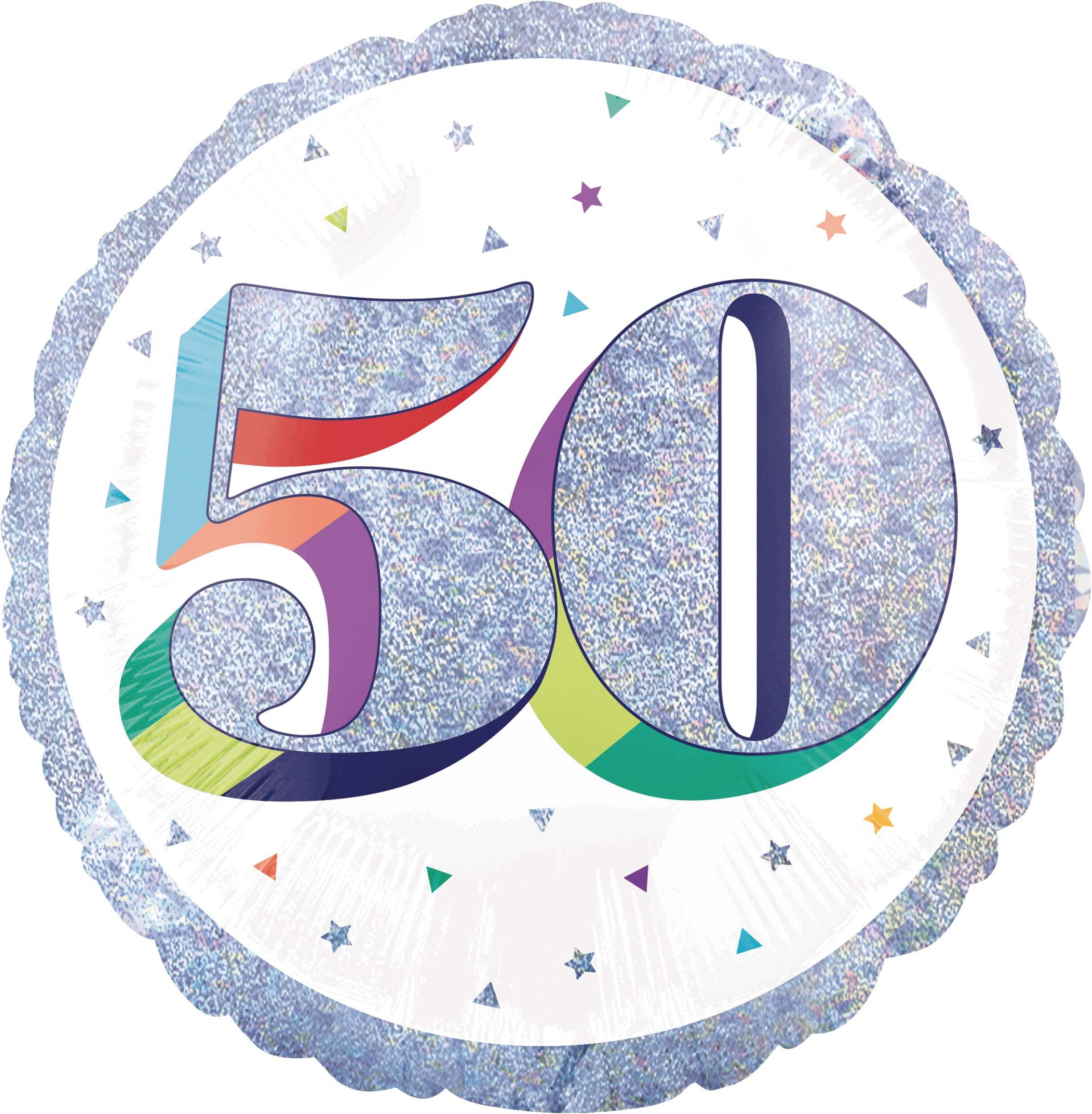 Prismatic Rainbow "50" Round Satin Foil Balloon, White/Silver, 18-in, Helium Inflation & Ribbon Included for Birthday Party Front_Flat
