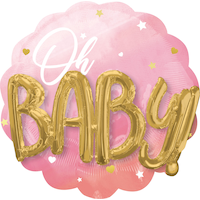 "Oh Baby" 3D Round Scallop Satin Foil Balloon, Pink/Gold, 28-in, Helium Inflation & Ribbon Included for Baby Shower Front_Flat