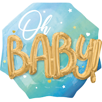 "Oh Baby" 3D Octagon  Satin Foil Balloon, Blue/Gold, 30-in, Helium Inflation & Ribbon Included for Baby Shower Front_Flat
