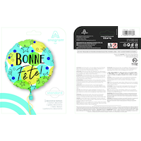 "Bonne Fête" French Round Satin Foil Balloon, Green/Blue/Yellow, Stars, 18-in, Helium Inflation & Ribbon Included for Birthday Party Composite_or_Mixed