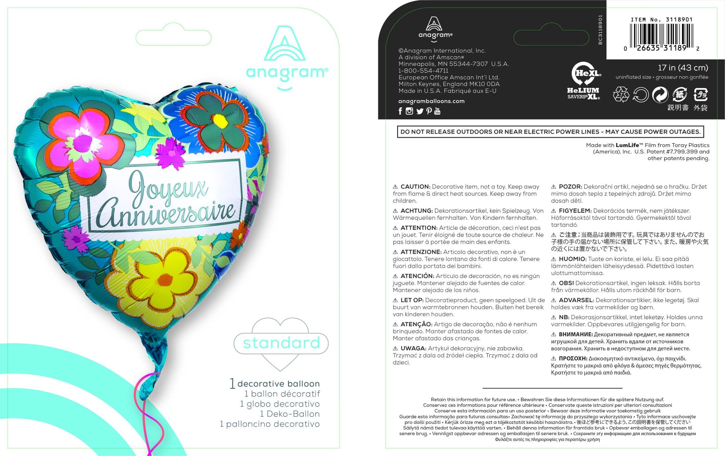 "Joyeux Anniversaire" French Heart Satin Foil Balloon, Multi-Coloured, Floral, 18-in, Helium Inflation & Ribbon Included for Birthday Party Composite_or_Mixed