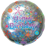 "Happy Birthday" Round Satin Foil Balloon, Silver, 32-in, Helium Inflation & Ribbon Included for Birthday Party Front_Flat