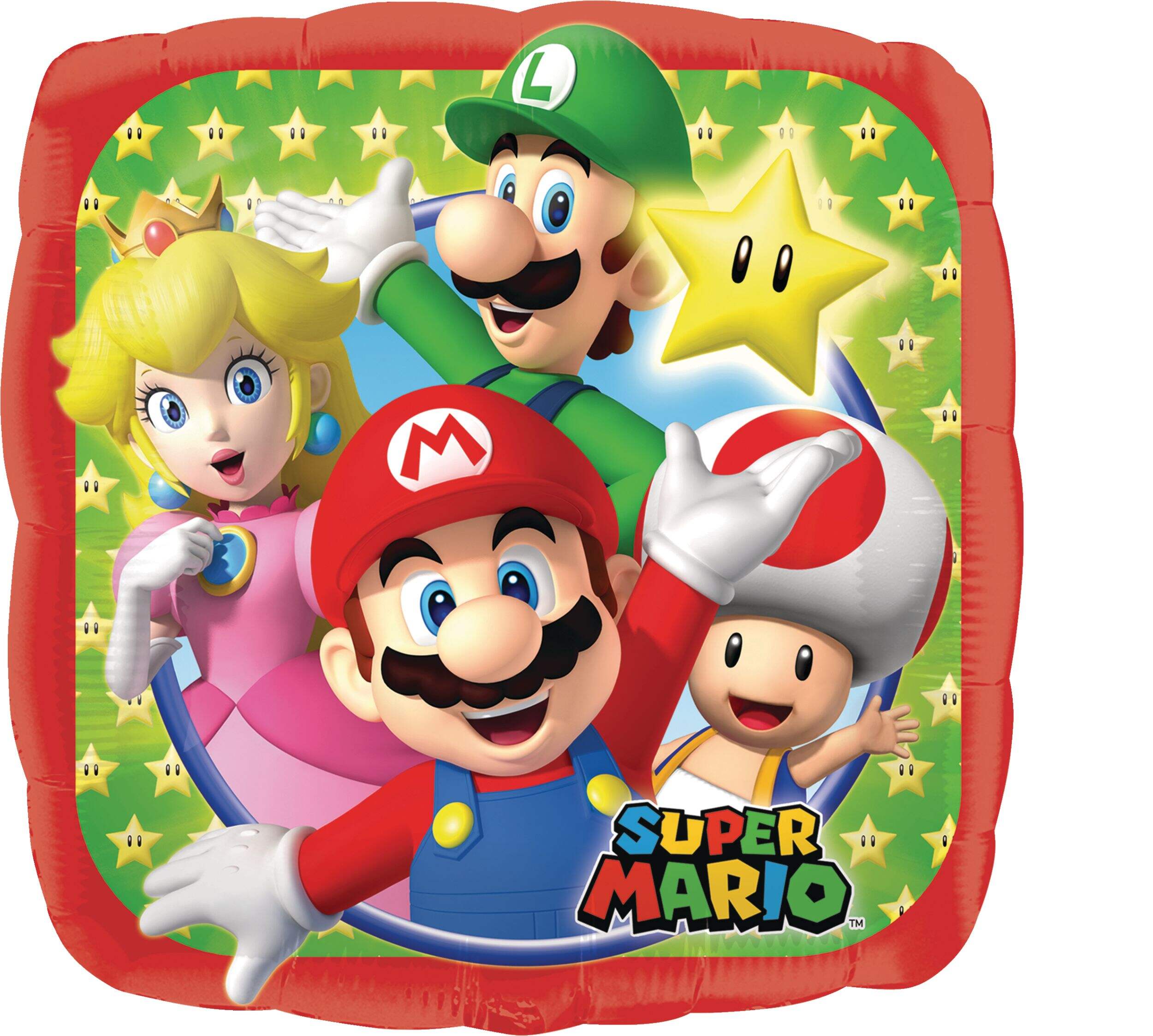 Nintendo Super Mario Bros Luigi/Toad/Princess Peach Square Satin Foil Balloon, Red/Green, 17-in, Helium Inflation & Ribbon Included for Birthday Party Front_Flat