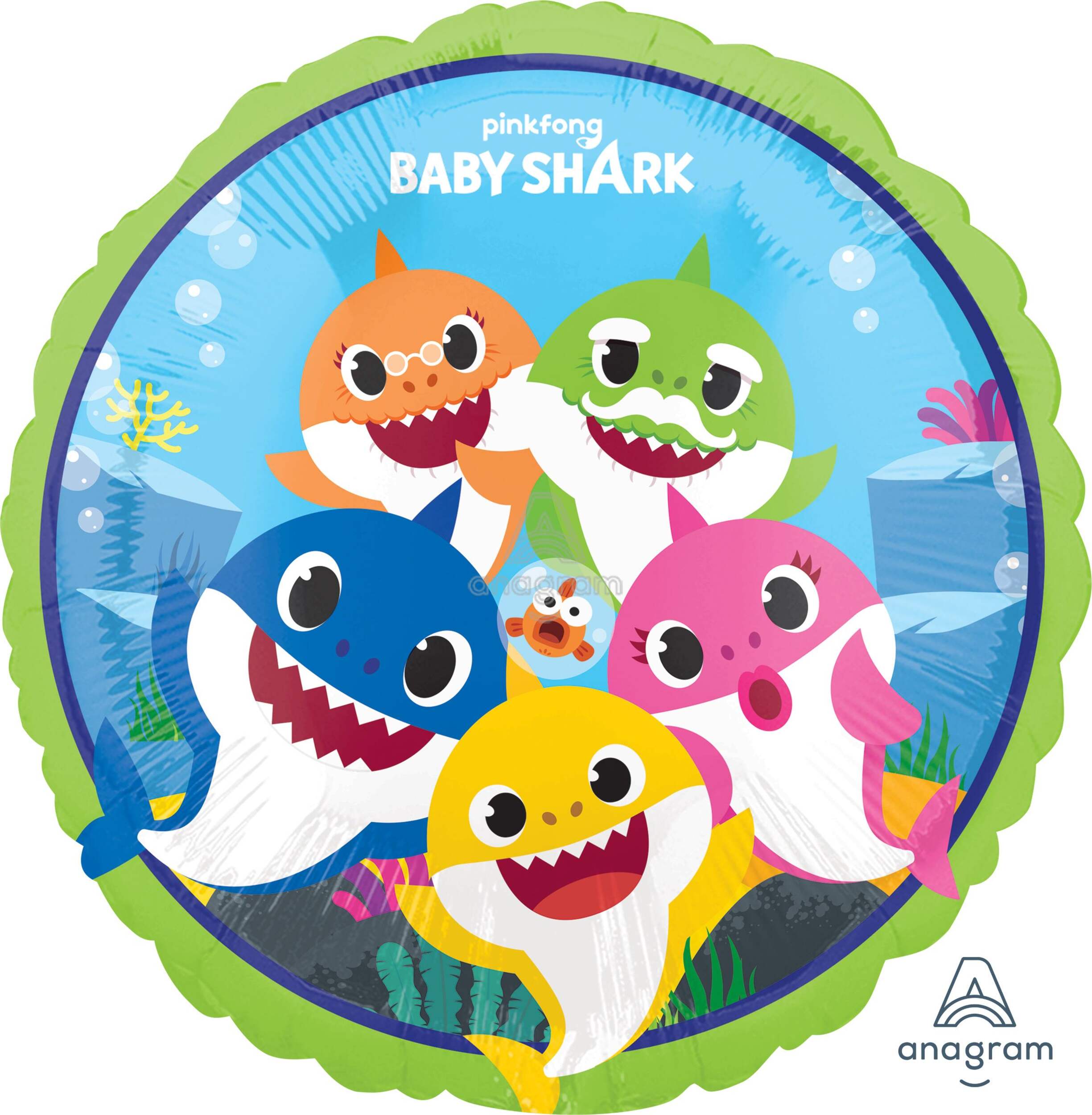 Baby Shark Round Satin Foil Balloon, Blue, 18-in, Helium Inflation & Ribbon Included for Birthday Party Front_Flat