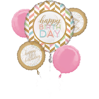 Anagram Int'l Inc. "Happy Birthday" Round Satin Foil Balloon Bouquet, Gold/Pink, Striped,  5-pk, Helium Inflation & Ribbon Included for Birthday Party