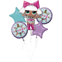 L.O.L. Surprise! Diva Star/Round Satin Foil Balloon Bouquet, Purple/Blue, 5-pk, Helium Inflation & Ribbon Included for Birthday Party Composite_or_Mixed