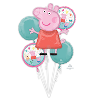 Nickelodeon Peppa Pig Round Satin Foil Balloon Bouquet, Pink/Blue, 5-pk, Helium Inflation & Ribbon Included for Birthday Party Composite_or_Mixed