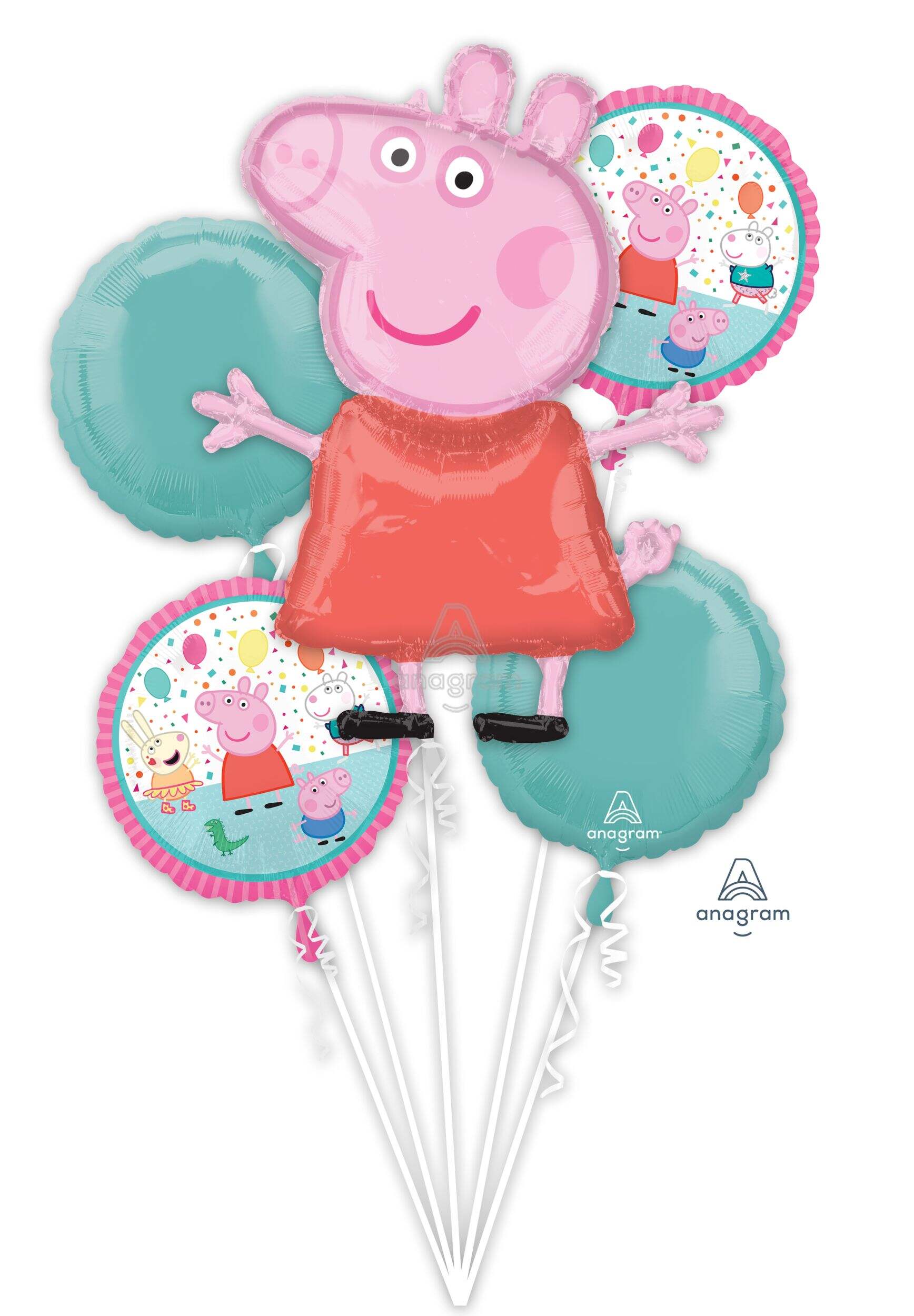 Nickelodeon Peppa Pig Round Satin Foil Balloon Bouquet, Pink/Blue, 5-pk, Helium Inflation & Ribbon Included for Birthday Party Composite_or_Mixed