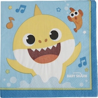 Baby Shark Square Paper Disposable Lunch Napkins, Blue/Yellow, 6.5-in, 16-pk, 2-ply, for Birthday Party Overhead_Flat