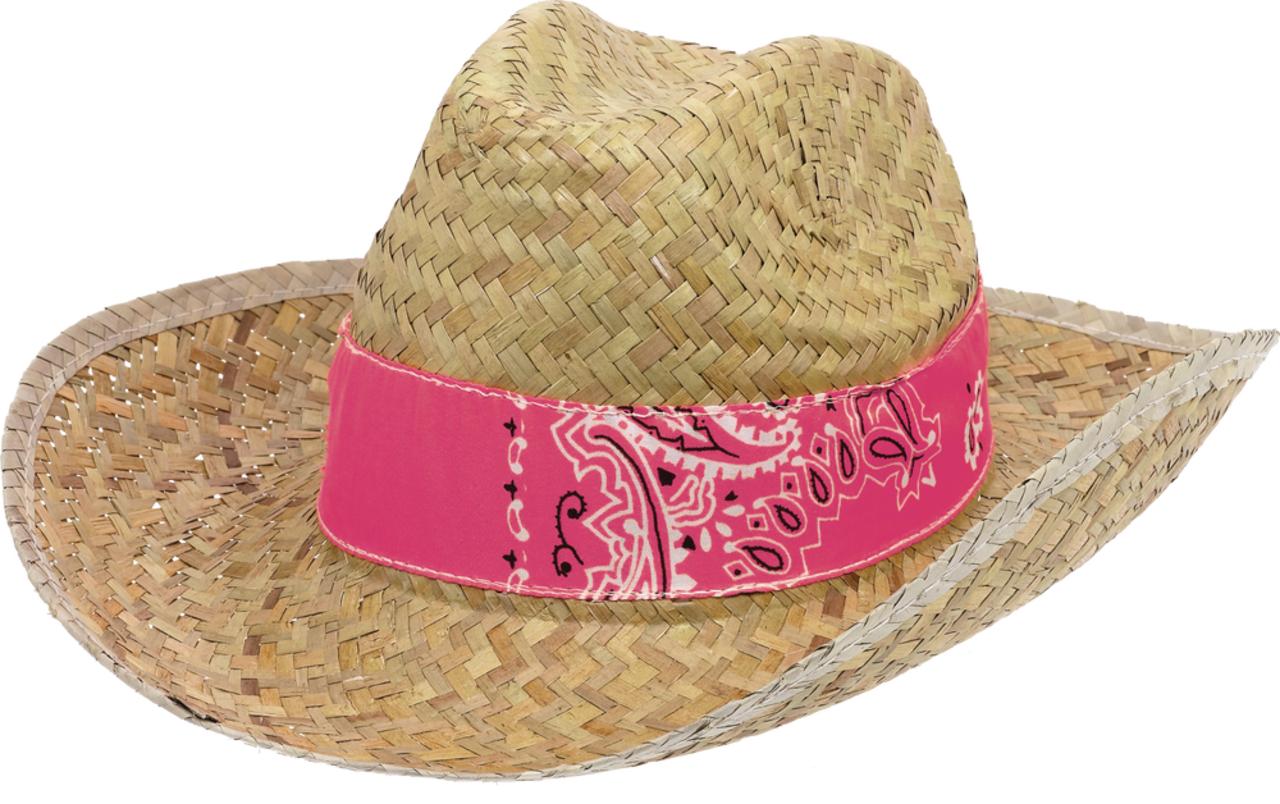 Western Cowboy Straw Hat with Bandana, Pink/Orange Assorted