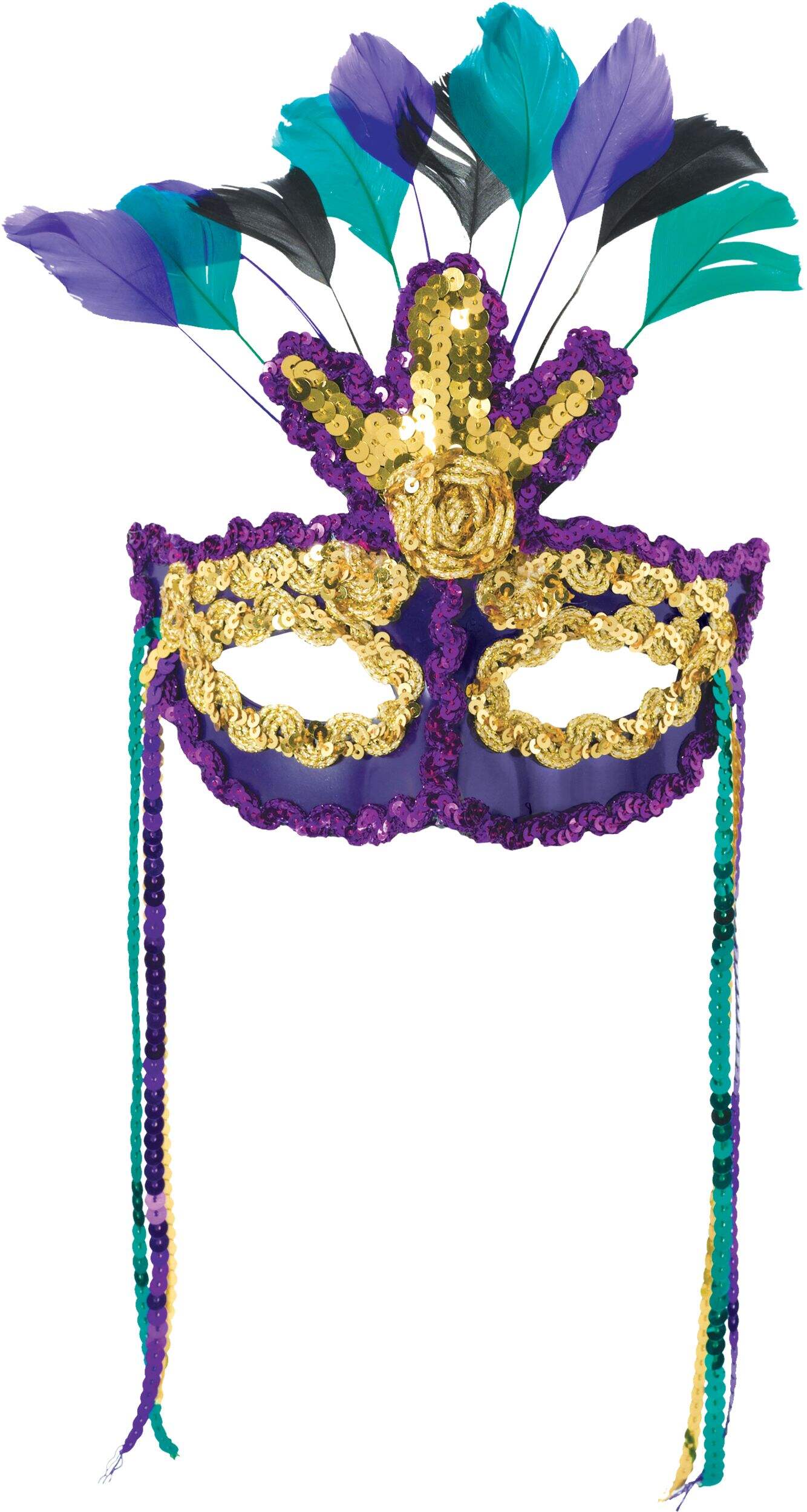 Feather Masquerade Mask, Gold/Green/Purple Front_Flat