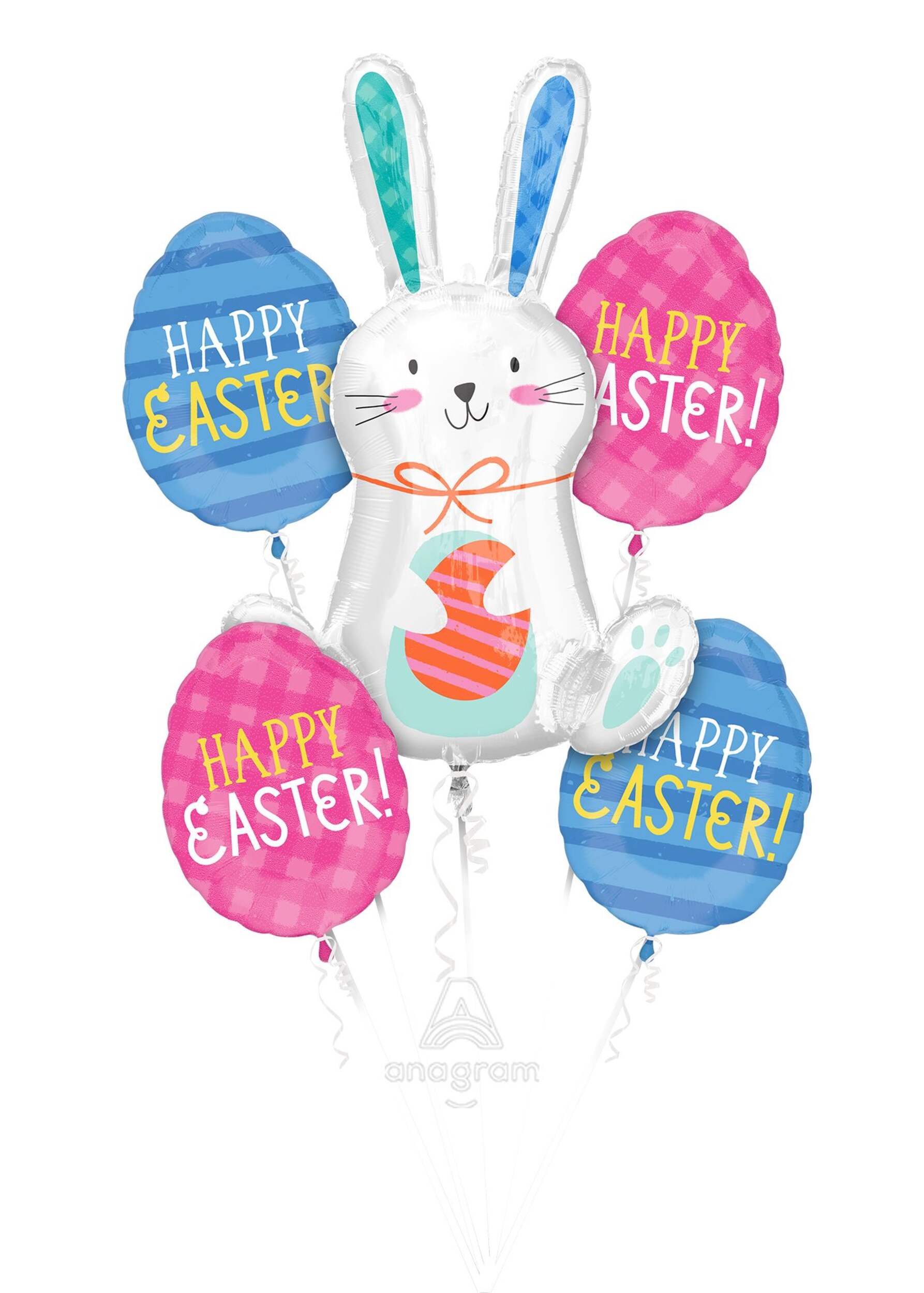 "Happy Easter" Bunny Rabbit/Easter Eggs Satin Foil Balloon Bouquet, White/Blue/Pink, 5-pk, Helium Inflation & Ribbon Included for Easter Composite_or_Mixed