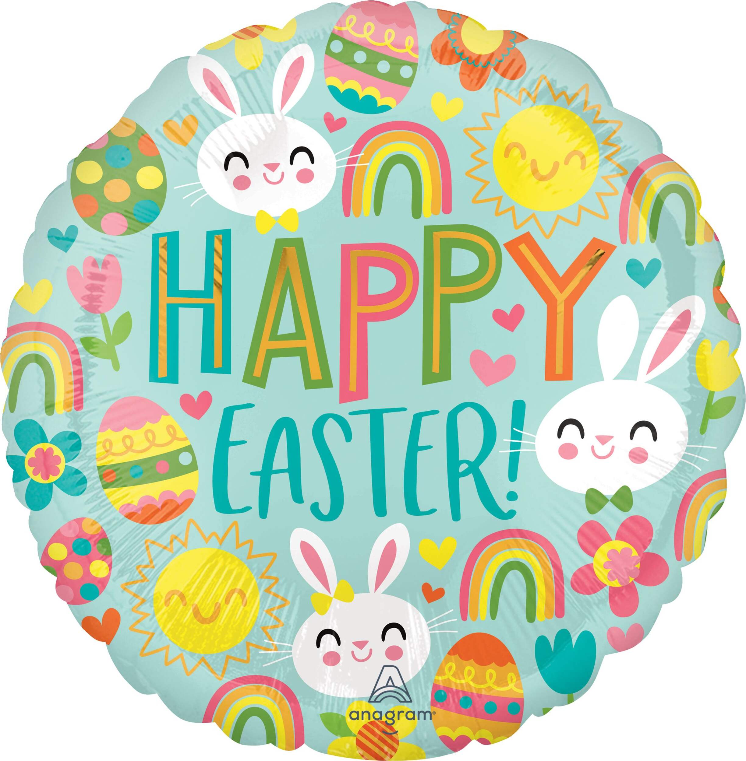 Ballon en aluminium satiné rond Happy Easter, bleu/multicolore, 18 po, gonflement à l'hélium et ruban inclus, pour Pâques Front_Flat