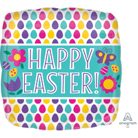 "Happy Easter" Square Satin Foil Balloon, Multi-Coloured, 18-in, Helium Inflation & Ribbon Included for Easter Front_Flat