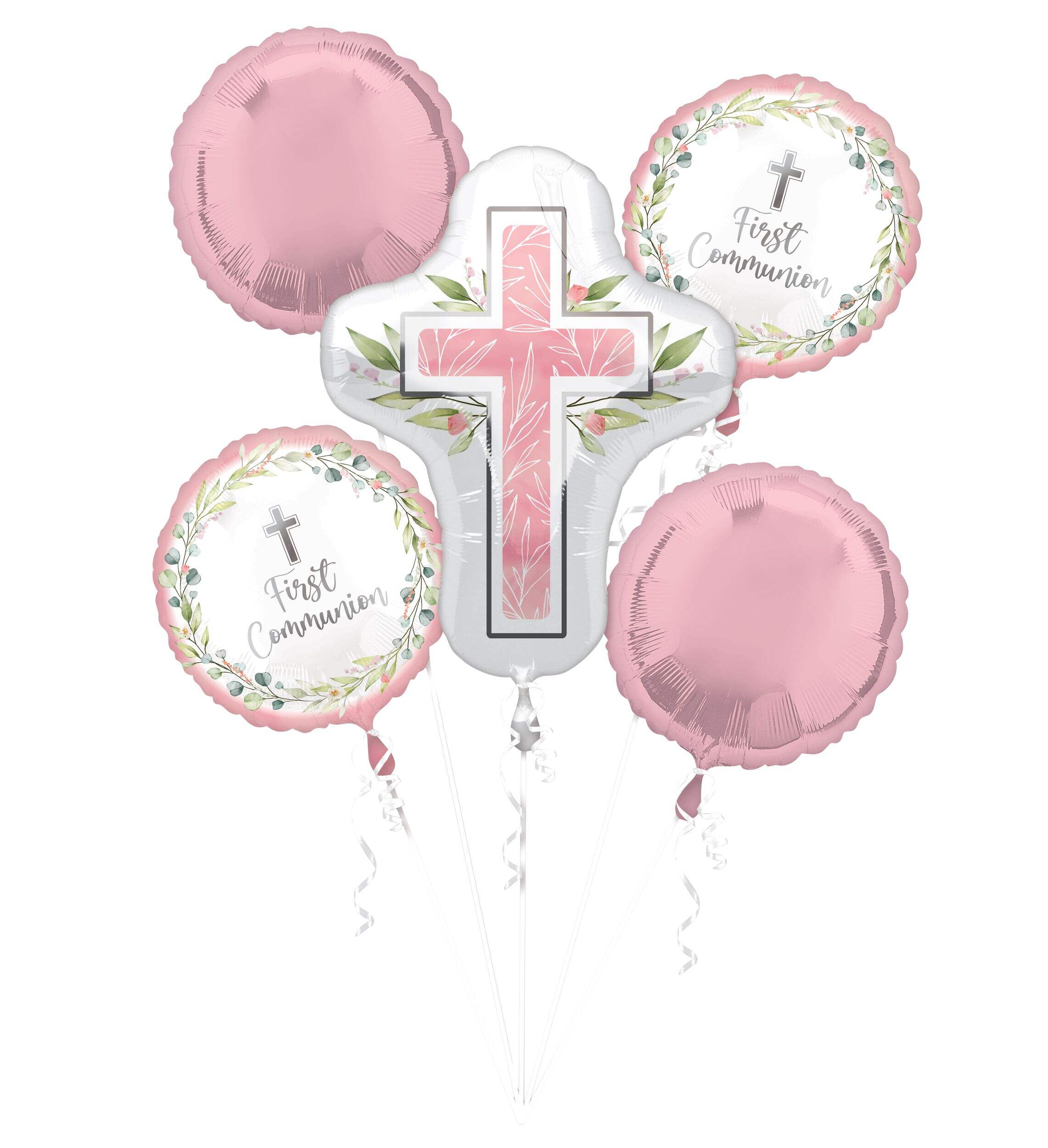 Holy Day 'First Communion' Cross Satin Foil Balloon Bouquet, Pink/White, 5-pk, Helium Inflation & Ribbon Included for First Communion/Religious Composite_or_Mixed