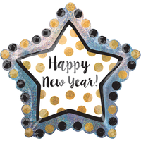 Ballon en aluminium satiné étoile Happy New Year, or/noir, à pois, 36 po, gonflement à l'hélium et ruban inclus, pour veille du jour de l'An Front_Flat