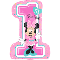 Disney Minnie Mouse "1st Birthday" #1 Satin Foil Balloon, Pink, 28-in, Helium Inflation & Ribbon Included for Birthday Party Front_Flat