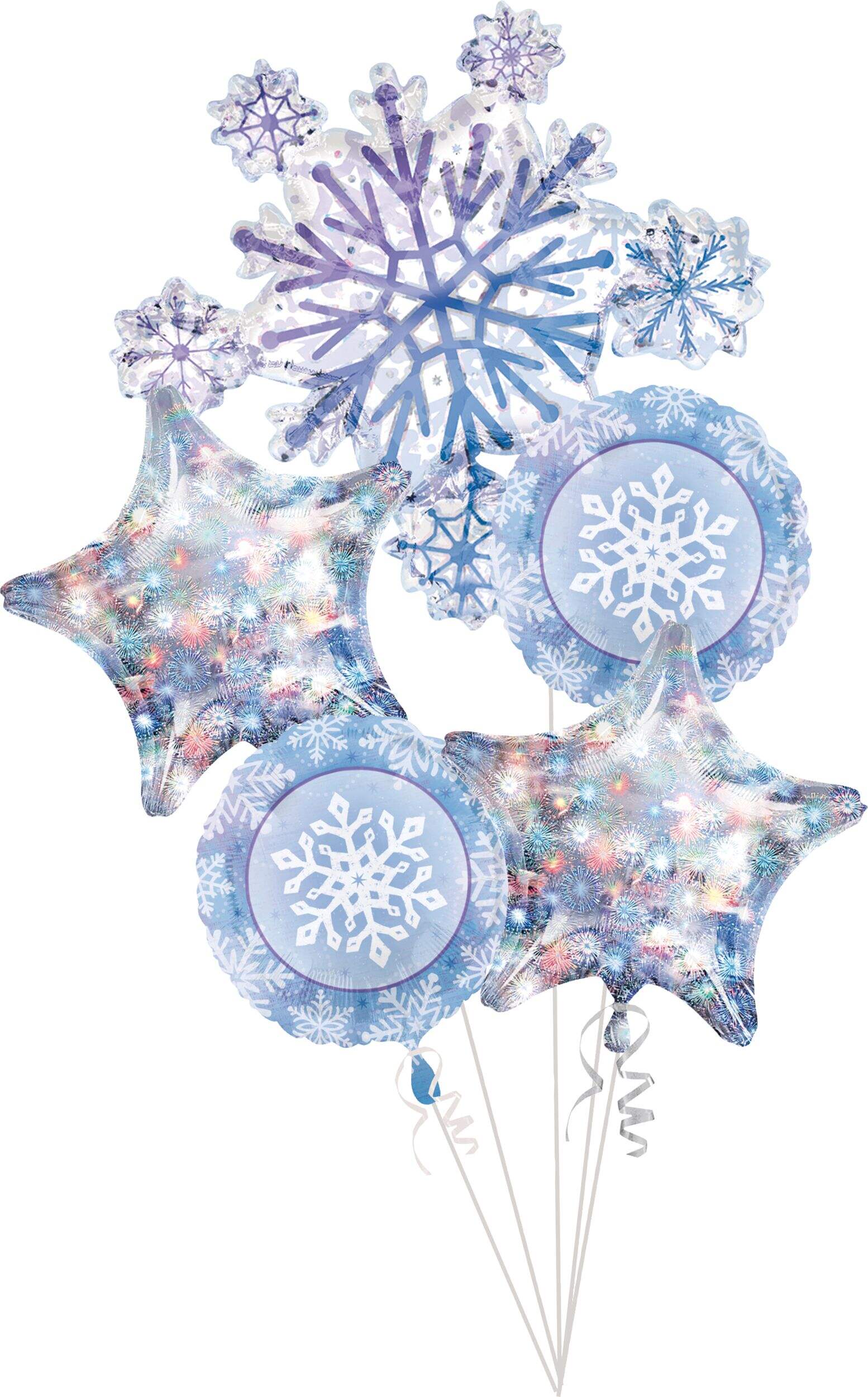 Bouquet de ballons en aluminium satiné flocon de neige/étoile/rond, bleu, 5 po, gonflement à l'hélium et ruban inclus, pour hiver/Noël Front_Flat