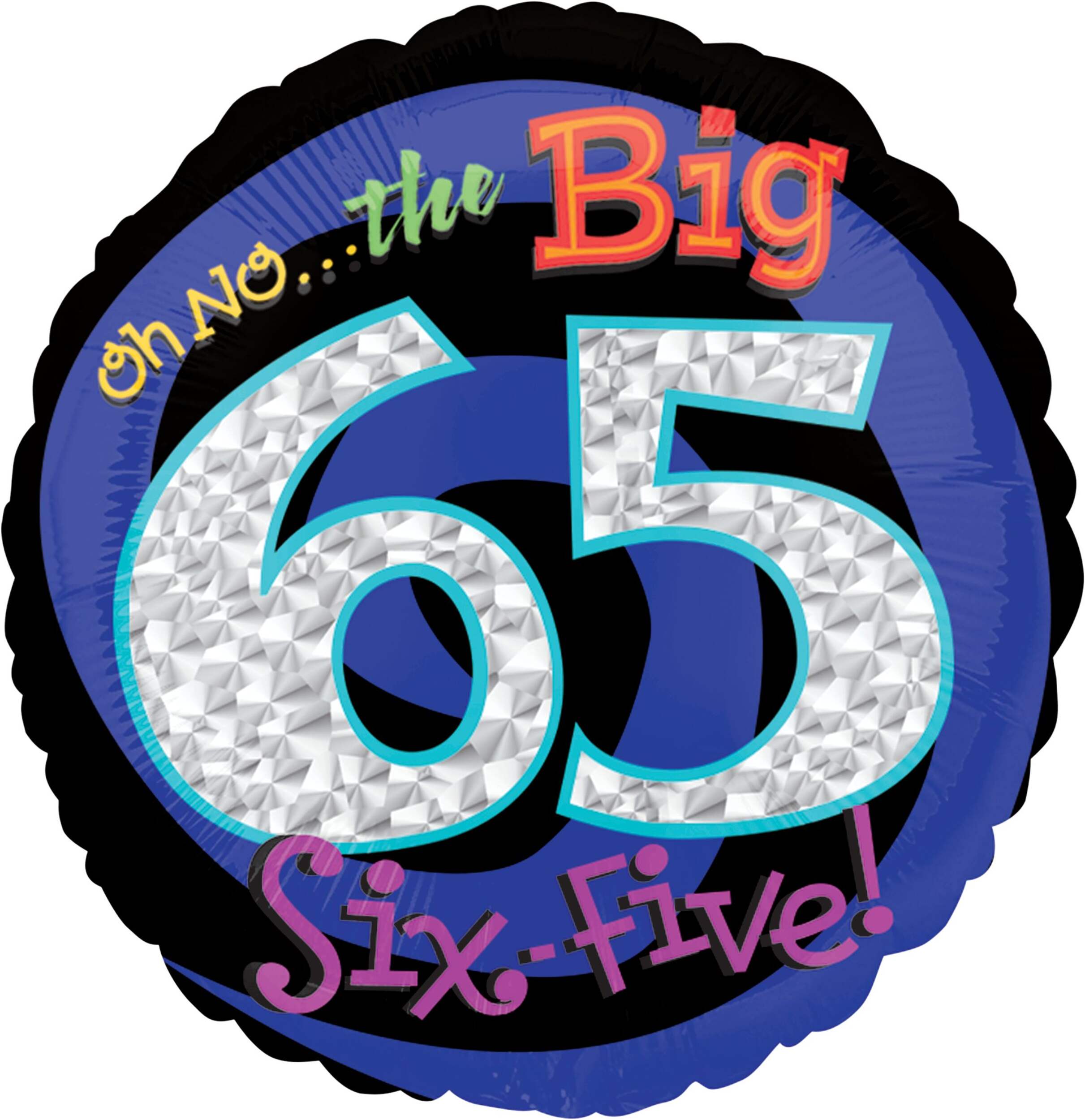 "Oh No..The Big 65" Round Satin Foil Balloon, Black/Blue, Swirl, 18-in, Helium Inflation & Ribbon Included for Birthday Party Front_Flat