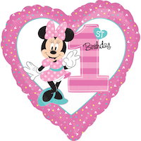 Disney Minnie Mouse "1st Birthday" Heart Satin Foil Balloon, Pink, Polka Dot, 17-in, Helium Inflation & Ribbon Included for Birthday Party Front_Flat