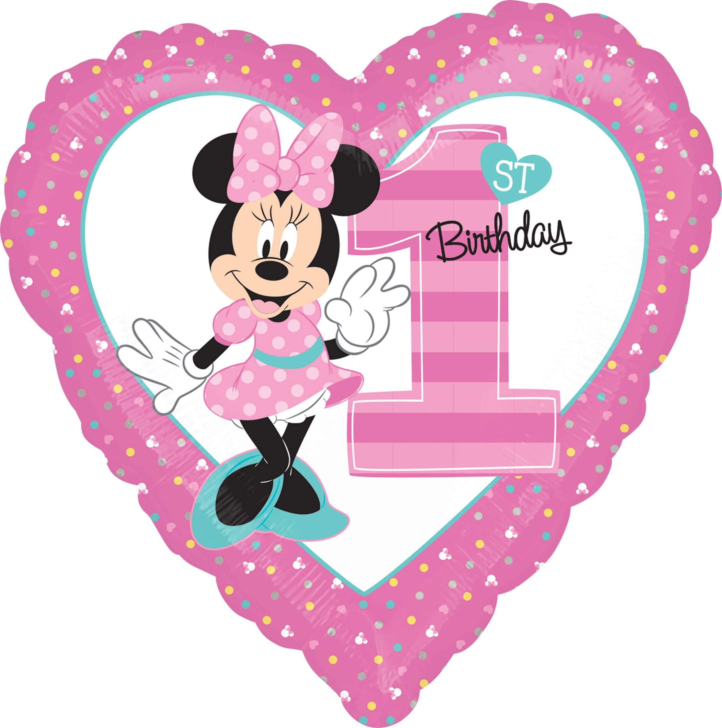 Ballon en aluminium satiné coeur Disney Minnie Mouse 1st Birthday, rose, à pois, 17 po, gonflement à l'hélium et ruban inclus, pour fête d'anniversaire Front_Flat