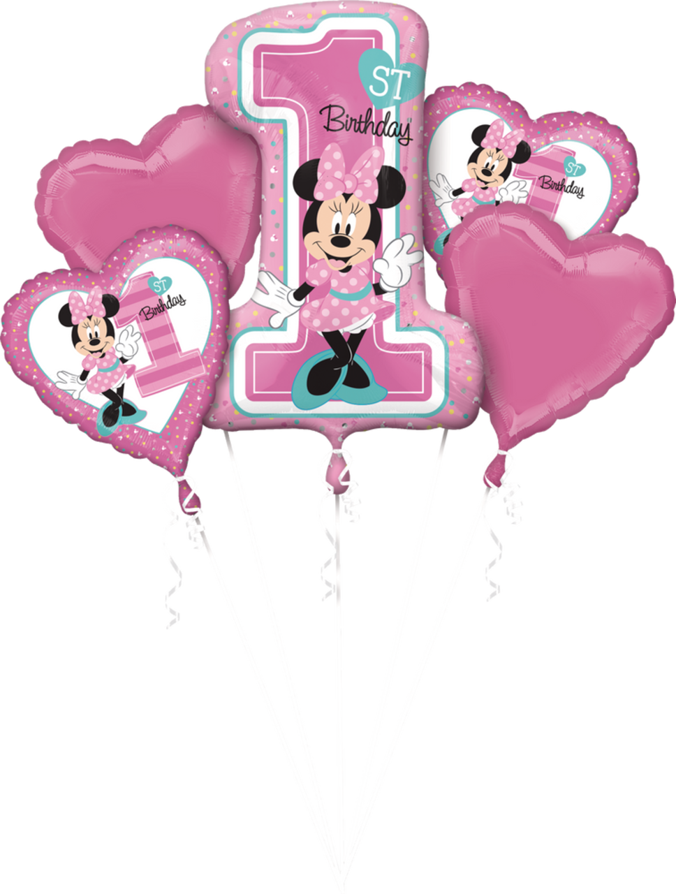 Bouquet de ballons Minnie Mouse en aluminium pour 1er anniversaire,  gonflage à l'hélium inclus, 5 pièces