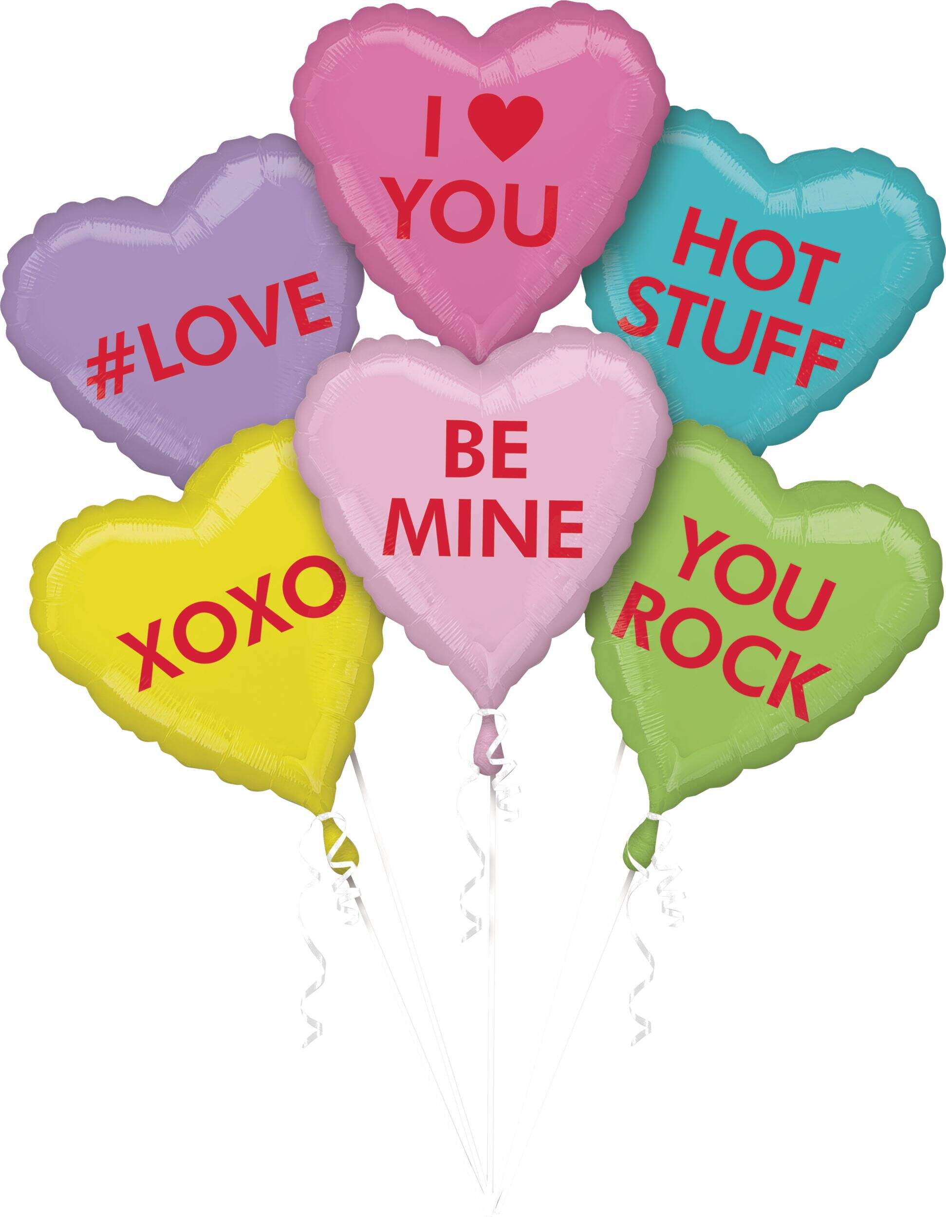 "I Love You" Conversation Hearts Satin Foil Balloon Bouquet, Pink/Blue/Green, 6-pk, Helium Inflation & Ribbon Included for Valentine's Day/Anniversary Front_Flat