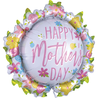 "Happy Mother's Day" Round Satin Foil Balloon, Pink/White, Floral, 30-in, Helium Inflation & Ribbon Included for Mother's Day Front_Angled_Right