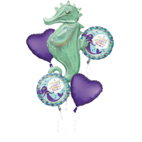 Wishful Mermaid "Mermaid Kisses" Seahorse/Heart  Satin Foil Balloon Bouquet, Green, 5-pk, Helium Inflation & Ribbon Included for Birthday Party Front_Flat