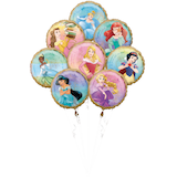 Disney Princess Once Upon A Time Round Satin Foil Balloon Bouquet, Blue/Pink, 8-pk, Helium Inflation & Ribbon Included for Birthday Party Front_Flat