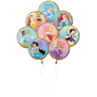 Bouquet de ballons en aluminium satiné carré Princesses de Disney Il était une fois, bleu/rose, paq. 8, gonflement à l'hélium et ruban inclus, pour fête d'anniversaire