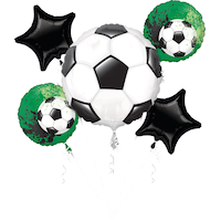 Soccer Ball/Star Satin Foil Balloon Bouquet, White/Black/Green, 5-pk, Helium Inflation & Ribbon Included for Sports Party