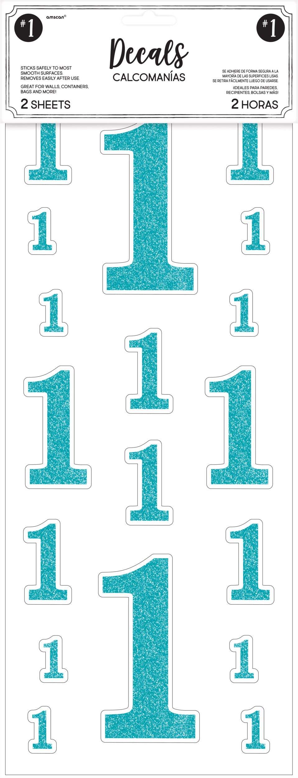 "1" Wall & Window Cling Decal Decorations, Teal, 4-in, 36-pk, for Birthday Party Front_Flat