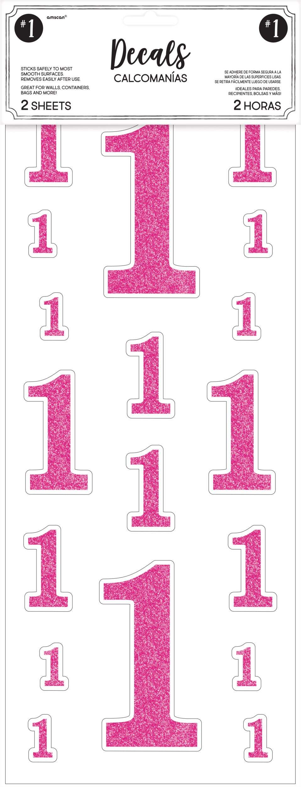 "1" Wall & Window Cling Decal Decorations, Pink, 4-in, 36-pk, for Birthday Party Front_Flat
