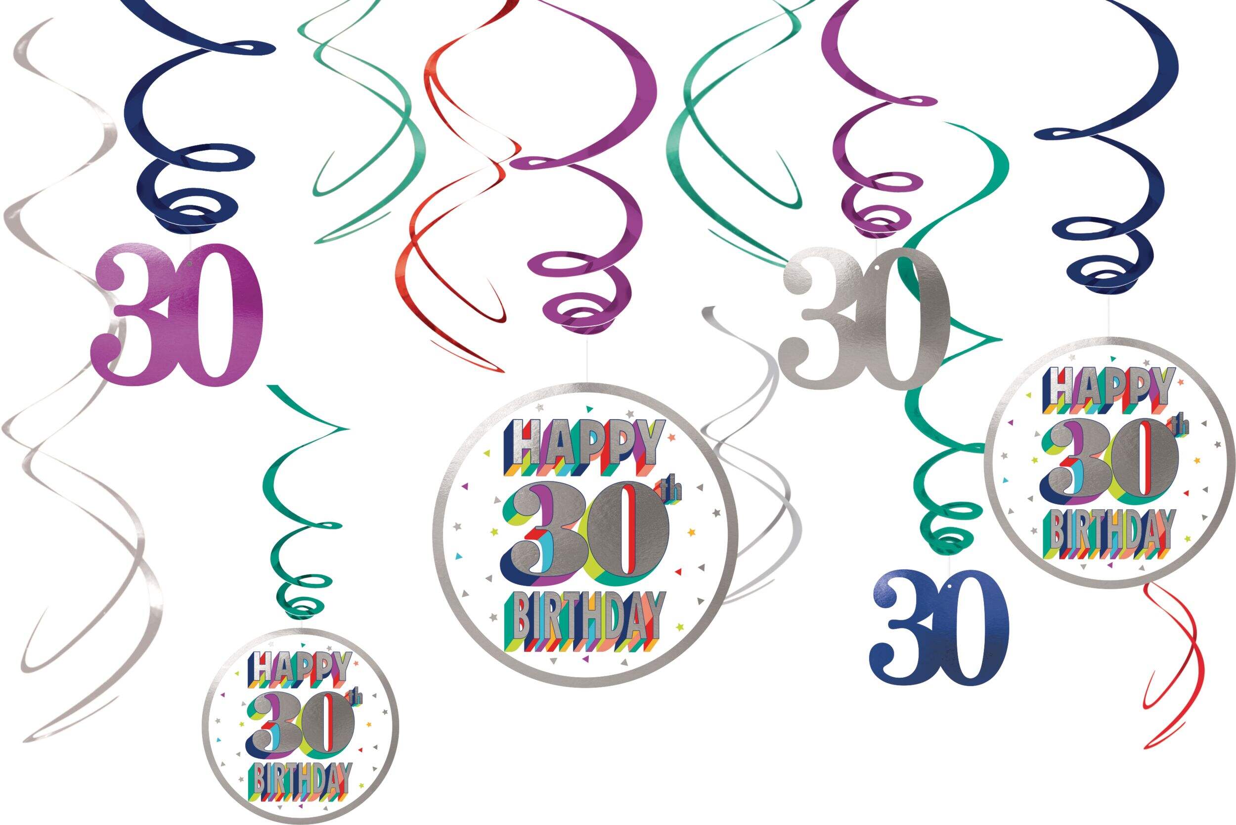 Décorations en spirale d'anniversaire Here's to 30, multicolore, paq. 12 Front_Flat