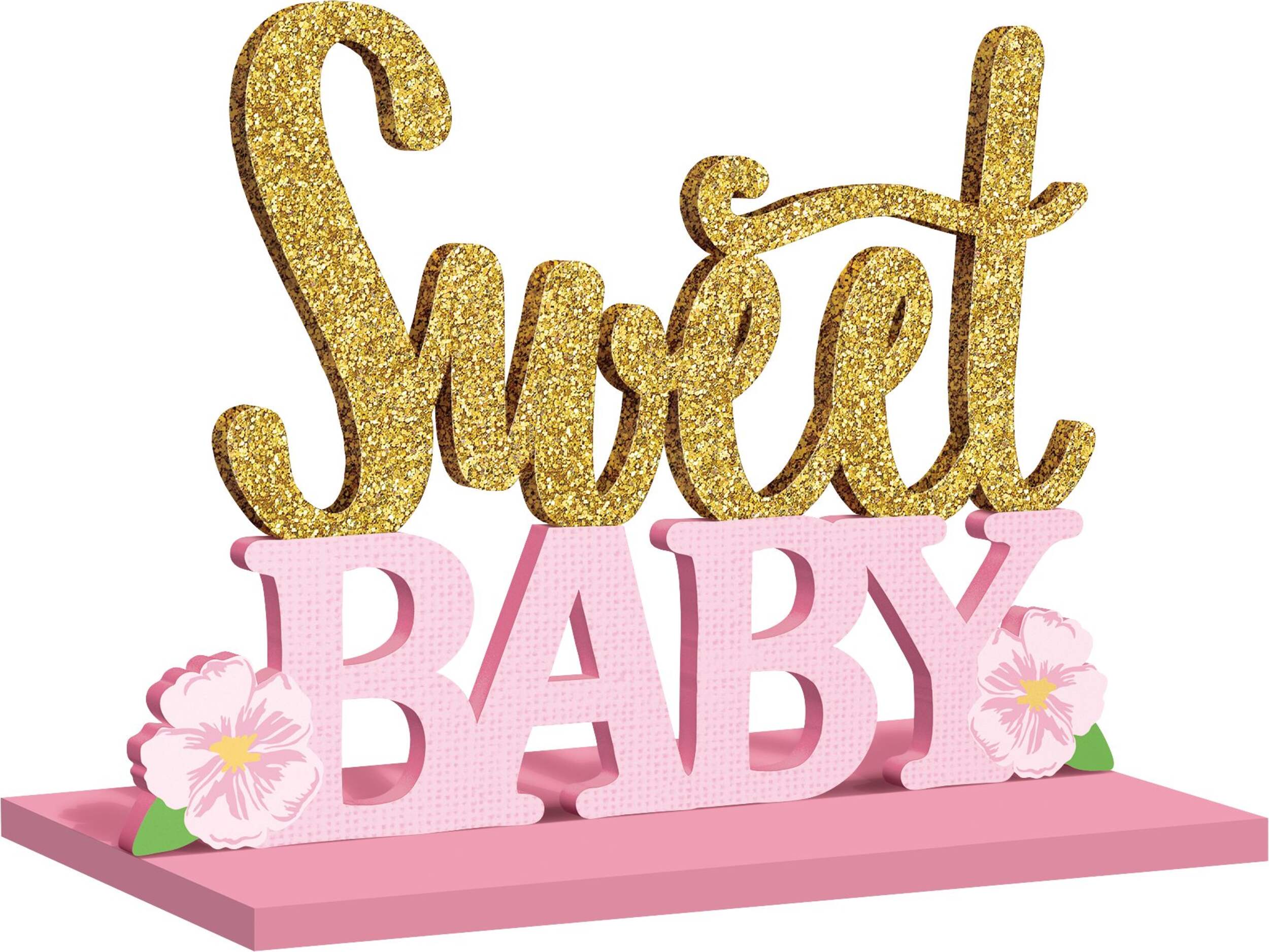 "Sweet Baby" Standing Block Sign Table Centerpiece Decoration, Gold/Pink, 11-in, for Baby Shower Front_Angled_Right