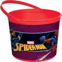 Disney Marvel Spider-Man Round Plastic Reusable Favour Container Pail, Red, 6-in, for Birthday Party/Halloween Front_Elevated